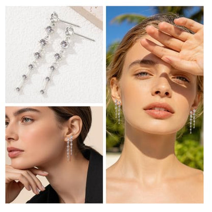 2 Pairs Long Diamond Dangle Tassel Earrings for Women | 14K Gold Silver Plated, Dainty Diamond Crystal Drop Earring, Small Cz Statement Dangly, for Wedding Bridesmaid, Jewelry Gifts - color: 2 Pairs Silver