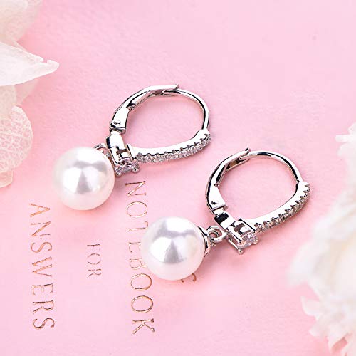 JO WISDOM 925 Sterling Silver Freshwater Pearl Hoop Earrings with Dangle Real Pearl,Simulated Pearls - color: B-8mm white pearl,round shape
