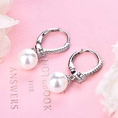 JO WISDOM 925 Sterling Silver Freshwater Pearl Hoop Earrings with Dangle Real Pearl,Simulated Pearls - color: B-8mm white pearl,round shape