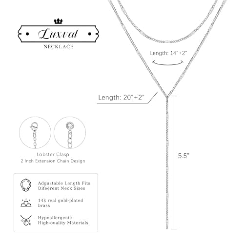 Luxval Lariat Gold Necklace for Women, Dainty Long Necklace 14k Gold Plated/Silver Y-Shaped Pendant Necklaces Trendy Beaded Chain Drop Necklaces Jewelry for Women Gifts - color: Silver-Y Layered Shinny Necklace