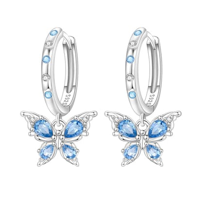 925 Sterling Silver Hoop Earrings Drop Dangle Earrings for Women Hypoallergenic Earring Trendy Huggie Earring Cute Graduation Birthday Gifts Jewelry for Women - color: Butterfly earrings blue gemstones