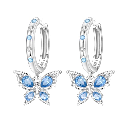 925 Sterling Silver Hoop Earrings Drop Dangle Earrings for Women Hypoallergenic Earring Trendy Huggie Earring Cute Graduation Birthday Gifts Jewelry for Women - color: Butterfly earrings blue gemstones