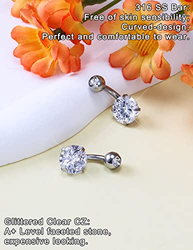 Long Belly Button Ring 6mm 8mm 10mm 12mm 14mm Surgical Stainless Steel Round Cubic Zirconia Navel Barbell Long Bar Belly Button Piercing Jewelry Silver, black, rose gold belly ring - color: 2pcs-6mm-Silver navel ring