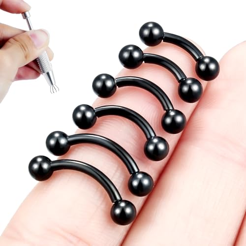 Internally Threaded Eyebrow Piercing Jewelry Surgical Steel Tiny Eyebrow Rings Vertical Labret Lip Jewelry Small Ear Rook Earring for Women Men 18g 16g 14g Plus Piercing Ball Grabber Tool - color: black, size: 14g,ball end