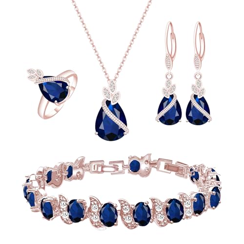 GZWHD Jewelry Set for Women CZ Earrings Necklace Ring Bracelet Set Prom Party Wedding Jewelry Gift for Mother Friend Wife - color: A-Rose Gold-Blue
