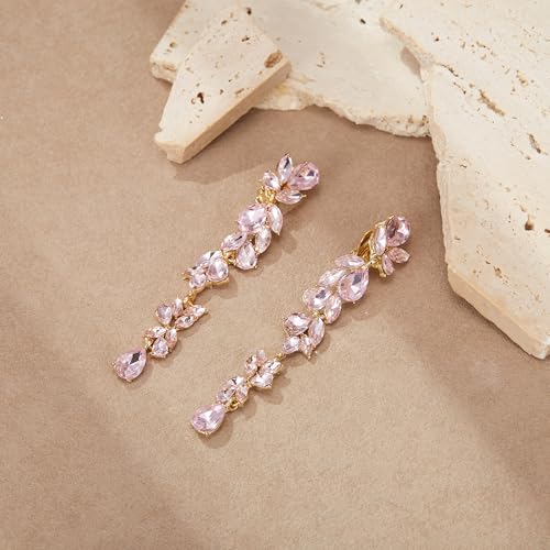 Crysdue Clip On Earrings for Women Rhinestone Crystal Teardrop Cluster Wedding Bridal Non Pierced Long Dangle Earring for Prom Party - color: Light Pink Gold-Tone