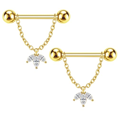 14G Nipple Rings for Women 316L Stainless Steel Dangle Nipple Barbell Nipple Studs Rings Nipple Piercing Jewelry - color: Gold Flower
