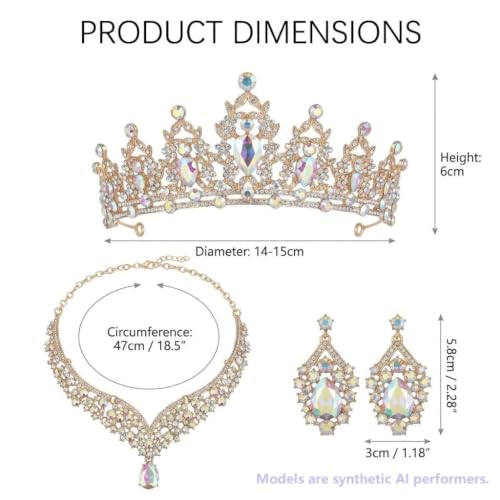 Kamirola Bridal Wedding Tiara Crown Jewelry Set for Women/Brides/Bridesmaids Crystal Jewelry Set for Wedding Prom Party Bridal Crystal Necklace Earrings Bracelet Set(TR60) - color: Gold AB