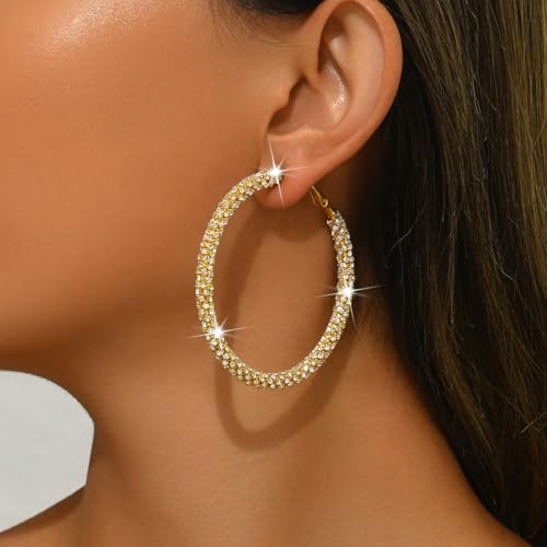 Large Gold Rhinestone Hoop Earrings Silver Sparkly Big Hoop Earrings for Women Black Earring Bling Chunky Silver Hoops 60mm Trendy Statement Earring for Women Bling Hoop for Prom Wedding Party Chunky Jewelry - style: Gold-Plated Hoops 60mm