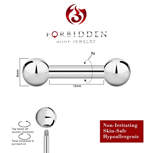 Forbidden Body Jewelry nipple barbell, nipple bars, silver nipplerings piercing Surgical Steel 8g - 18g Straight Barbell Body Jewelry (Sold Individually) - style: 8G 12mm (1/2") 6mm Balls