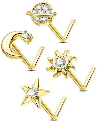 20g L Shaped Nose Rings Studs 4Pcs 316L Surgical Steel Nose Piercing Jewelry Gold Piercing for Women Men - color: gold