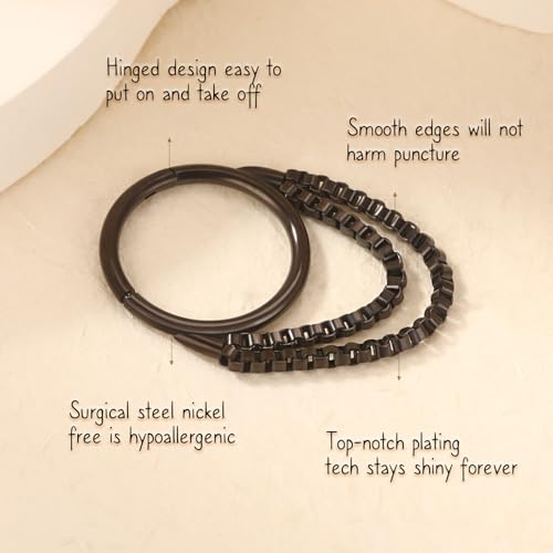 AROWRO Chain Septum Rings 316L Surgical Steel Septum Clicker Daith Piercing Jewelry Dangle Nose Rings for Women 16G 8/10mm Conch Cartilage Hoop Seamless Hinged Septum Jewelry with Clear CZ/Opal - color: Style-4-Black double chains, size: 16G-10mm