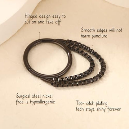 AROWRO Chain Septum Rings 316L Surgical Steel Septum Clicker Daith Piercing Jewelry Dangle Nose Rings for Women 16G 8/10mm Conch Cartilage Hoop Seamless Hinged Septum Jewelry with Clear CZ/Opal - color: Style-4-Black double chains, size: 16G-10mm