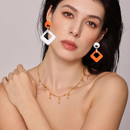 Geometric Square Earrings for Women Lightweight Colorful Color Block Acrylic Chunky Geometric Rectangle Oval Link Chain Statement Earring - style: White Orange Square