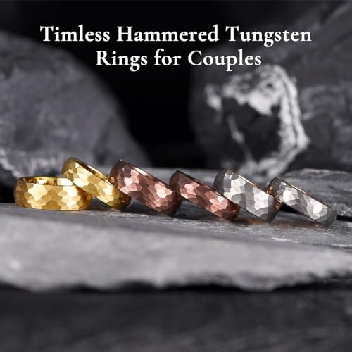King Will Men's Tungsten Carbide Wedding Ring Hammered Groove Wedding Band Mens Two Tone Engagement Ring for Men and Women Matte Brushed Finish Comfort Fit - color: Gold 8mm