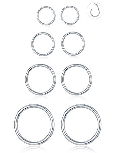 6-8Pcs 20G-18G-16G-14G Stainles Steel Clicker Ring Seamless Lip Nose Daith Cartilage Helix Tragus Hoop Ring - style: D1:4 Pairs,16G(1.2mm) Pin Thickness