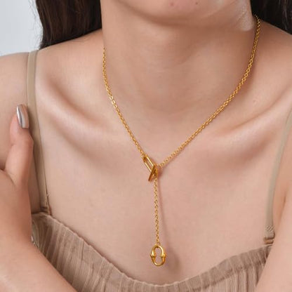 Gold Y-Shaped Necklace for Women, Double O-Ring Geometric Pendant on 52.5cm Chain, Minimalist Long Necklace