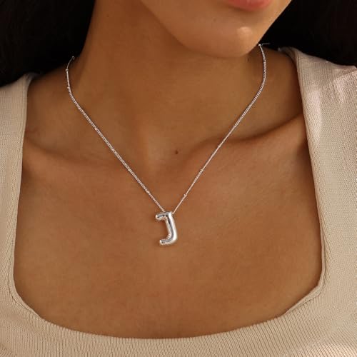 Ewrkbrㅤ Initial Necklaces for Women, 14k Gold Plated Bubble Letter Necklace Chunky Gold Necklace Dainty Charm Initial Necklaces for Women Trendy Custom Preppy Stocking Stuff Necklace Christmas Gifts - color: Silver, style: J