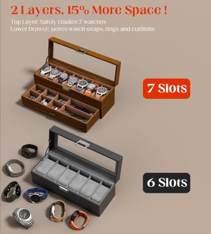 Watch Case Box for Men - Ultra-thin Frame Wide Display 7 Slots 2-Layer Wood Grain Watch Storage Organizer with Jewelry Drawer, Real-glass Display Case Collection Box Gift for Dad Husband - size: 7 Slots, Wooden Pattern