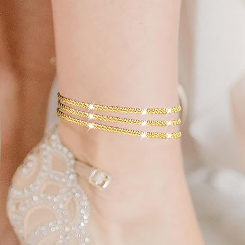 Nanafast Women's Ankle Bracelets, Sparkling Multi-layer Anklet Bracelets for Women, Adjustable Shiny Gold/Silver Anklets for Women, Beach Cute Anklets Jewelry for Summer - color: 3layersGold