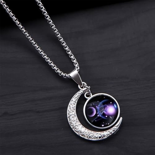 Stainless Steel Mens Necklace 12 Zodiac Moon Galaxy Pendant Necklace,22.8 Inch Stainless Steel Chain, 1.13 Inch Aries/Pisces Celestial Crescent Moon Star Sign Charm Jewelry - style: Libra（9.23-10.23）