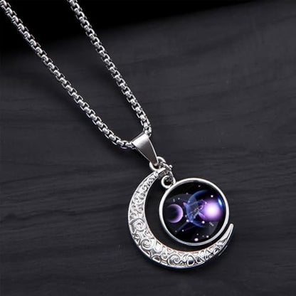 Stainless Steel Mens Necklace 12 Zodiac Moon Galaxy Pendant Necklace,22.8 Inch Stainless Steel Chain, 1.13 Inch Aries/Pisces Celestial Crescent Moon Star Sign Charm Jewelry - style: Libra（9.23-10.23）