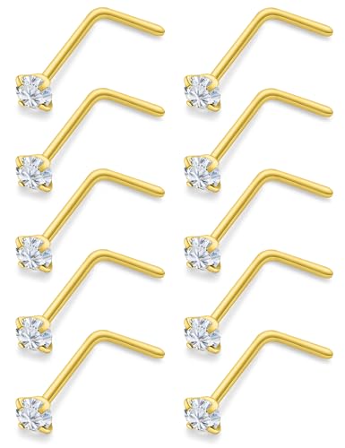Nose Studs Surgical Steel Nose Rings Studs with Cubic Zirconia 10Pcs Tiny Nostril Rings for Women Screw Bone and L-Shaped Nostril Piercing Jewelry 24G 22G 20G 18G - color: goldtone,L shaped nose studs, size: 22g,1.5mm Clear CZ