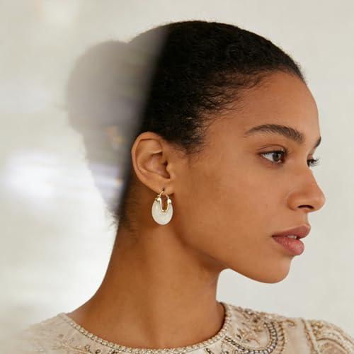 Cream White Chunky Lazy-Chic Hoop Earrings - Gold-Accented Resin Statement Hoops for Women, Trendy Daily & Vacation Jewelry