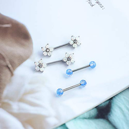 14G Opal Flower CZ Nipple Barbell Nipple Ring Piercing Jewelry for Women - color: white blue