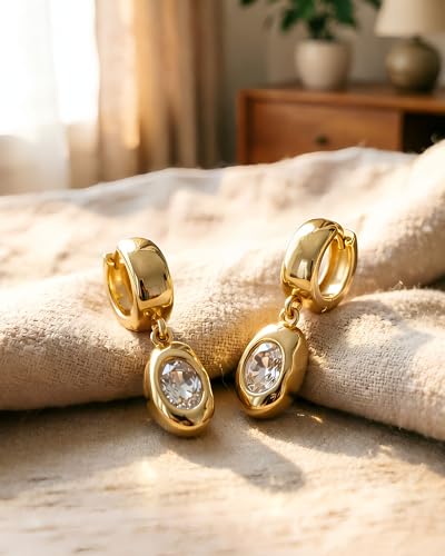 14K Gold Plated Chunky Huggie Hoop Earrings, Plump Teardrop Dangle Drop Earrings Elegant Statement Jewelry for Women - color: CZ oval/gold