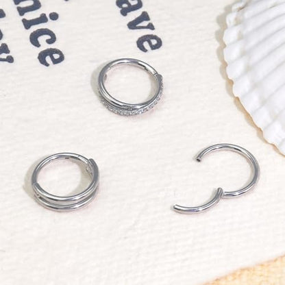 davka Nose Ring Set, 18G Hinged Hoop 8mm & 20G Nose Studs, Stainless Steel & Gold Plated, Hypoallergenic, Multiple Styles Nose Piercing Jewelry - color: Silver/3Pcs Hoops/18gauge 8mm/Set A