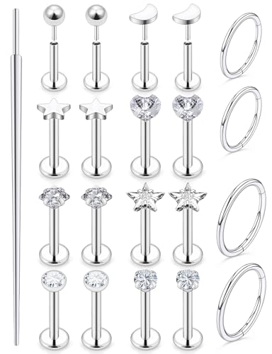 20G 18G 16G Threadless Lip Labret Medusa Monroe Nose Piercing Jewelry Surgical Steel Snake Bites Lip Rings Flat Back Push in Cartilage Tragus Helix Conch Earring Stud 6mm 8mm 10mm Bars - color: Silver-20G（0.8mm) - Bars:7mm - Hinged Clicker Rings:8mm 10mm