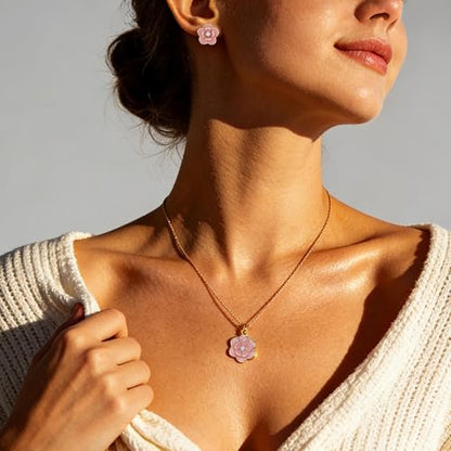 EVEVIC Dainty Flower Pendant Necklace Earrings for Women 14K Gold Plated Hypoallergenic Jewelry Sets - color: Pink /Rose Gold-tone