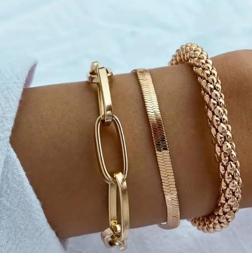 Alegend 14K Gold Plated Stackable Multilayer Bracelets + Titanium Steel(Not Rust, Resist Corruption, Easily Clean) 18K Gold Plated Single Bracelets - color: 14K Gold + 3PCS