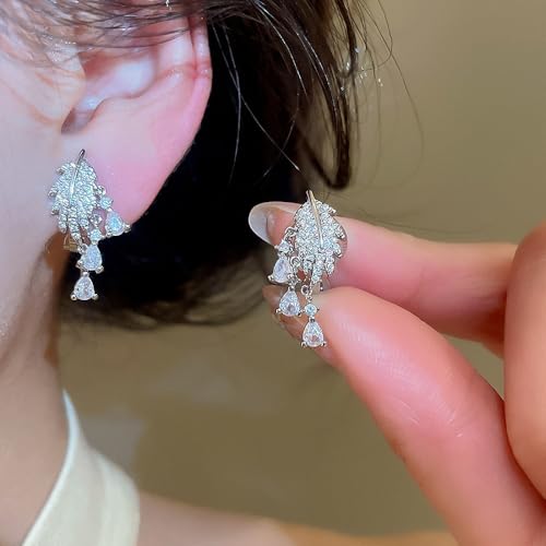 Crystal Leaf Tassel Teardrop Clip on Earrings for Women 14k Gold Plated Shiny Rhinestone Feather Shaped Dangle Drop Non-Piercing Earring Elegant Wedding Prom Anniversary Party Jewelry Gifts - color: Silver