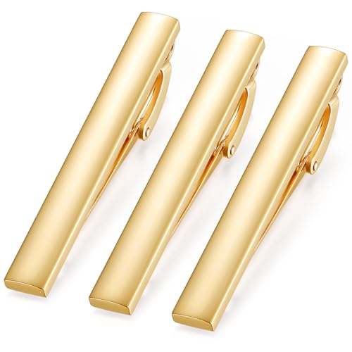 HONEY BEAR 2.12" Standard Tie Clip Bar 3-Piece Set for Men Wedding Business | Classic Minimalist, Steel-Plated Copper Base, Gift-Boxed, Thickened, Rounded Corners, Easy to Slide On, No Snag or Wrinkle - style: Shinny Gold with box