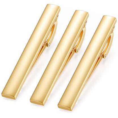 HONEY BEAR 2.12" Standard Tie Clip Bar 3-Piece Set for Men Wedding Business | Classic Minimalist, Steel-Plated Copper Base, Gift-Boxed, Thickened, Rounded Corners, Easy to Slide On, No Snag or Wrinkle - style: Shinny Gold with box