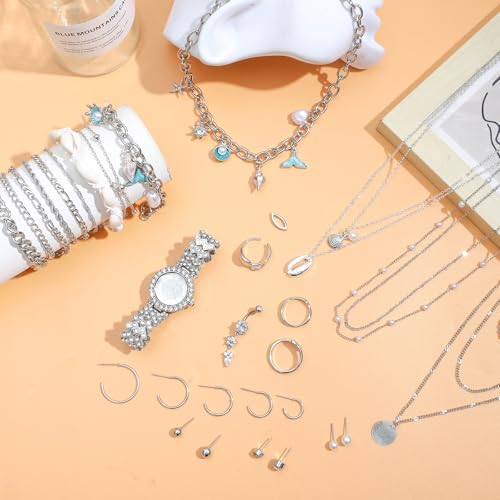 NEWITIN 88 Pieces Gold Jewelry Set for Women Fashion Bohemian Jewelry | Gold Plated Costume Jewelry, Turquoise Jewelry, Necklaces Bracelets Rings Earrings Set for Women Party Daily, Women Gifts - color: Silver