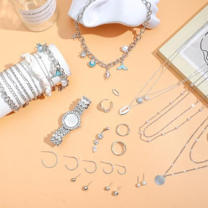 NEWITIN 88 Pieces Gold Jewelry Set for Women Fashion Bohemian Jewelry | Gold Plated Costume Jewelry, Turquoise Jewelry, Necklaces Bracelets Rings Earrings Set for Women Party Daily, Women Gifts - color: Silver