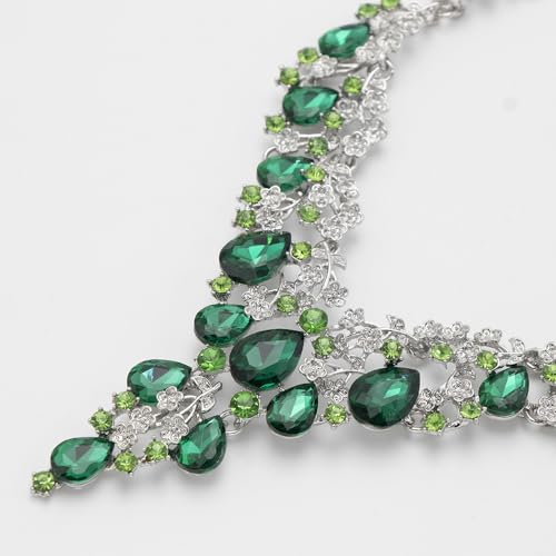Bridal Bridesmaid Austrian Crystal Jewelry Set, Floarl rhinestone Statement Neckace Teardrop Necklace Drop Dangle Earrings Set - color: Emerald-Silver Tone