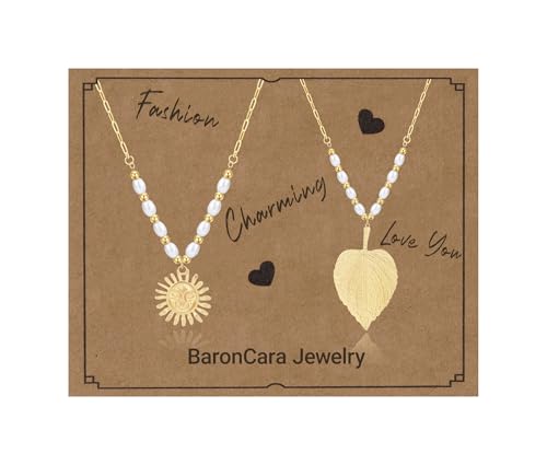 2 PCs Gold Plated Necklace Set for Women - Non Tarnish Jewelry Gift with Fashion Design - style: 2 PCs: Sun & Leaf