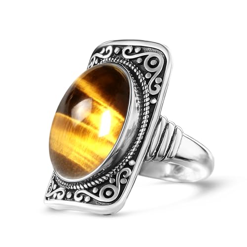 Big Natural Stone Ring,Rectangle Retro Antique Vintage Sterling Silver Genuine Crystal Quartz Gemstone Statement Wide Chunky Boho Bohemian Full Finger Ring for Women - color: A04_Tiger-Eye Quartz