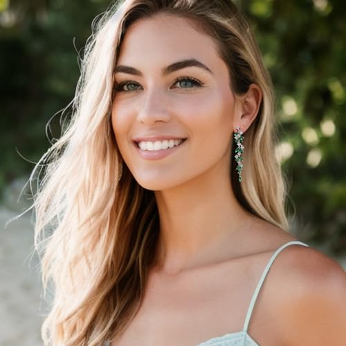 EVER FAITH Gorgeous Wedding Prom Jewelry Round Marquise Cubic Zirconia Teardrop Crystal Chandelier Bridal Dangle Clip on Earrings for Women Brides - color: Green Silver-Tone