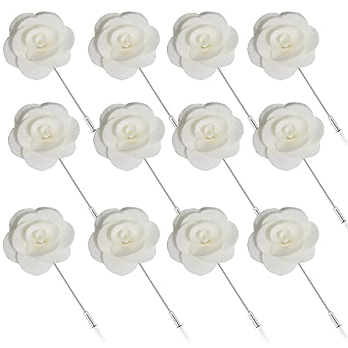 12 Pcs Flower Lapel Pins, Handmade Camellia Flower Boutonniere for Men Women Suit Wedding Party - color: 12X white-pin