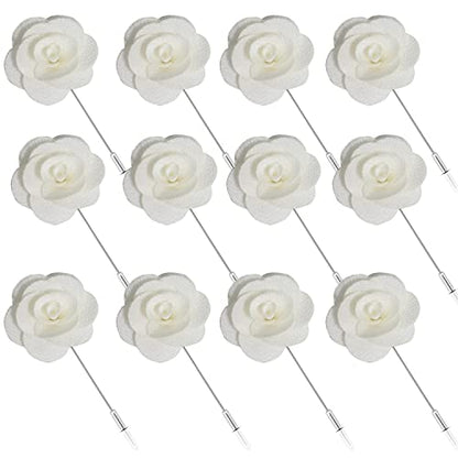 12 Pcs Flower Lapel Pins, Handmade Camellia Flower Boutonniere for Men Women Suit Wedding Party - color: 12X white-pin