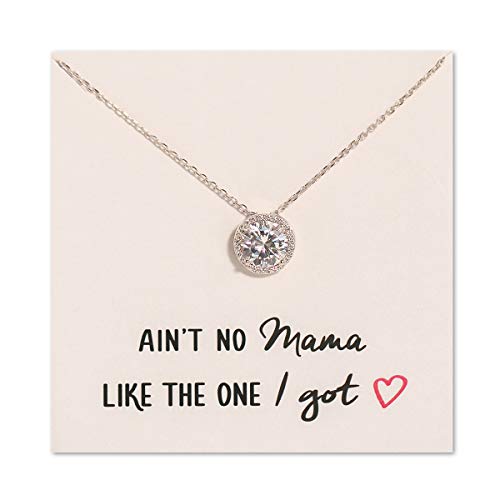 A+O Gift for Mom, Aunt, Grandma - Solitaire Halo Necklace in Gold, Rose Gold, Silver - style: Ain't no mama…, Silver