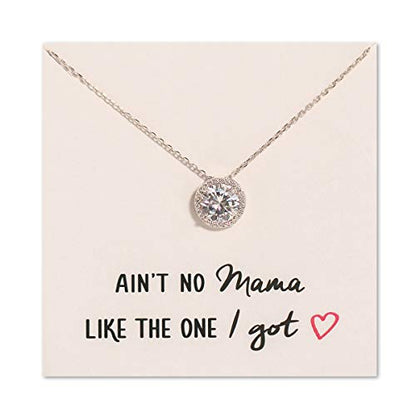 A+O Gift for Mom, Aunt, Grandma - Solitaire Halo Necklace in Gold, Rose Gold, Silver - style: Ain't no mama…, Silver