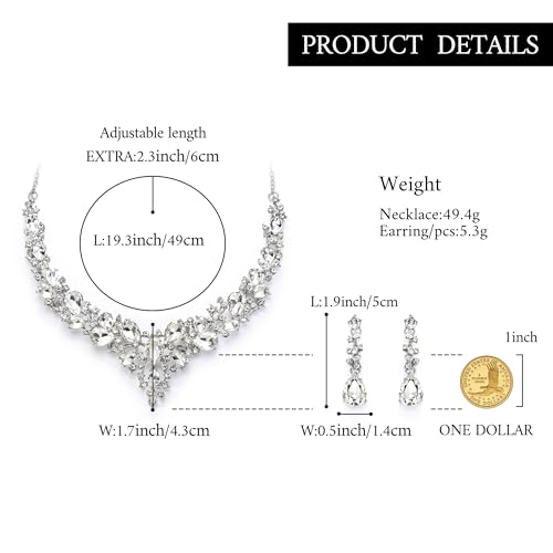 Women's Wedding Statement Necklace Dangle Earring Jewelry | Austrian Crystal Teardrop Cluster,Necklaces Earrings Set for Bride Bridesmaid,Prom Accessories - color: 10-Clear Rhodium-Tone