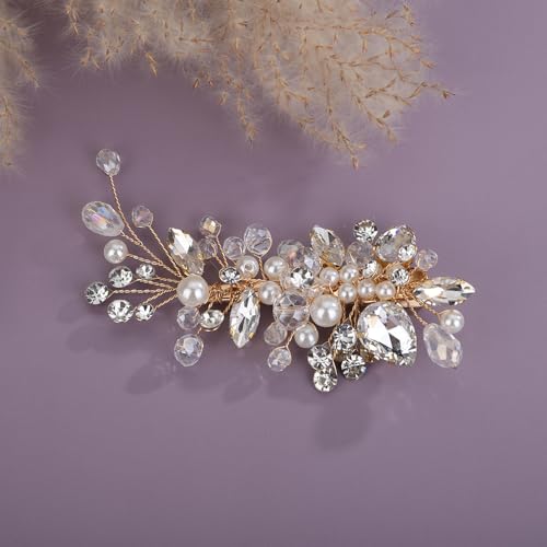Teyglen Bridal Rhinestone Hair Clip Gold Pearl Crystal Hair Barrette Sparkly Hair Piece Wedding Hair Clips Hair Accessories Jewelry for Women (Gold) - color: Gold