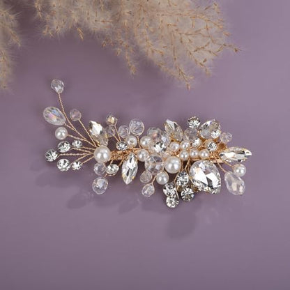 Teyglen Bridal Rhinestone Hair Clip Gold Pearl Crystal Hair Barrette Sparkly Hair Piece Wedding Hair Clips Hair Accessories Jewelry for Women (Gold) - color: Gold